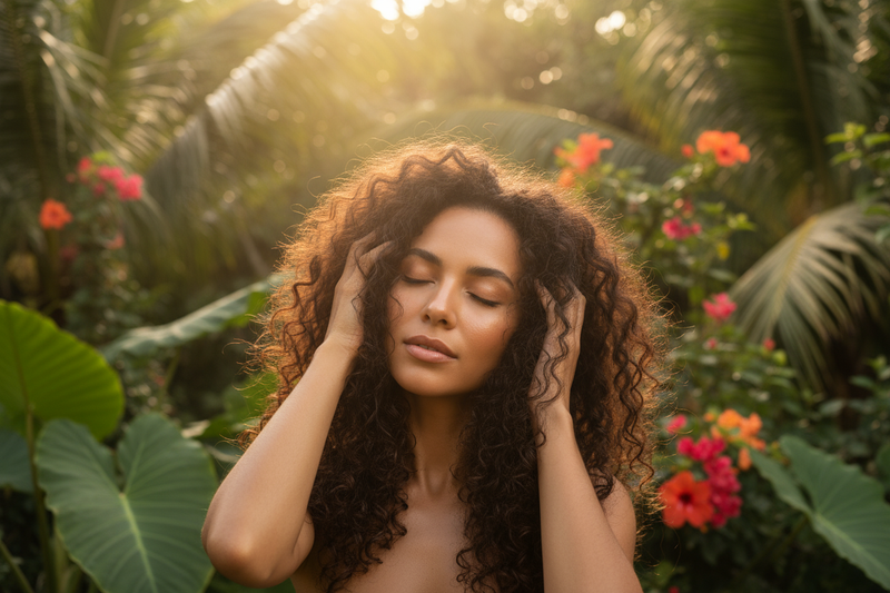 Woman with eyes closed, gently touching her curls, sunlight hitting her face — tropical backdrop.